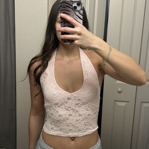 Lace Halter Crop Top - Light Pink